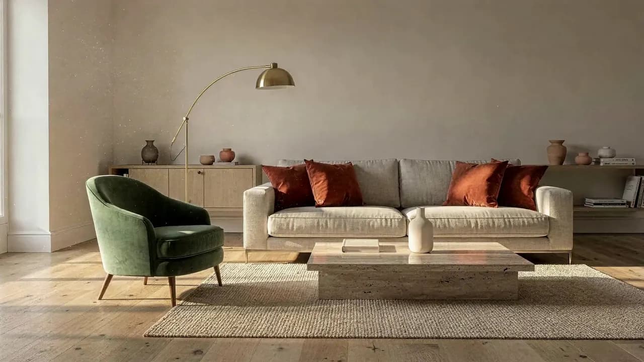 A living room before changes: green armchair angled toward the sofa, floor lamp beside the sideboard, a window on the left.
