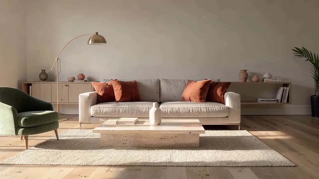 The same living room after changes: furniture rearranged, rug lighter, and a plant added on the right.